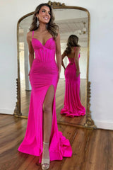Fuchsia Beaded Mermaid Prom Dress With Spaghetti Straps And Lace-Up Back Formal Evening Gown