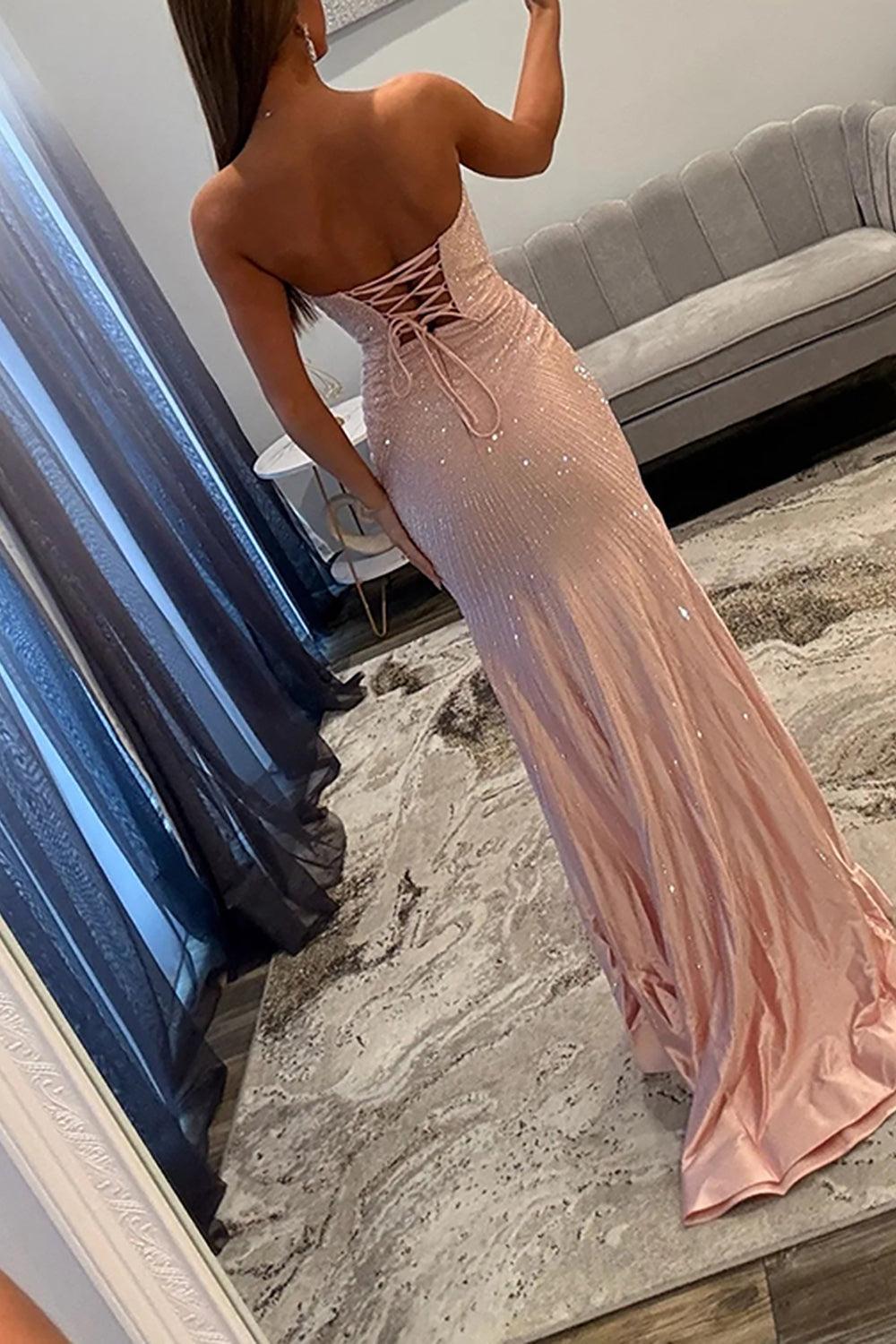 Fuchsia Beaded Satin Prom Dress Sweetheart Mermaid Long Formal Dress With Slit