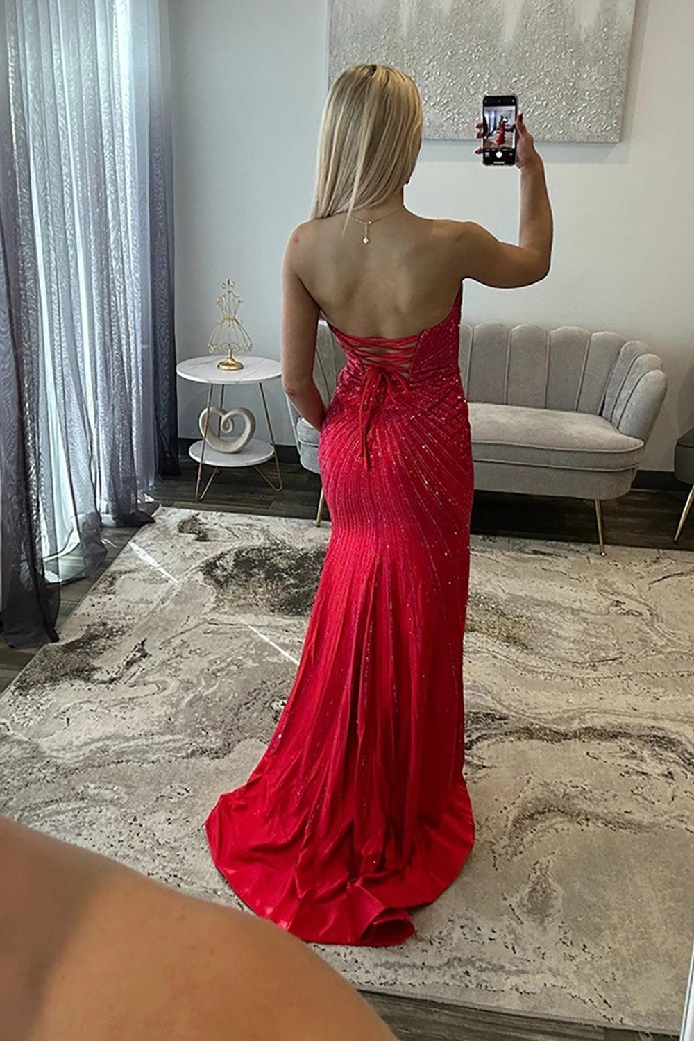 Fuchsia Beaded Satin Prom Dress Sweetheart Mermaid Long Formal Dress With Slit