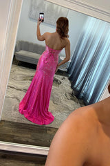 Fuchsia Beaded Satin Prom Dress Sweetheart Mermaid Long Formal Dress With Slit