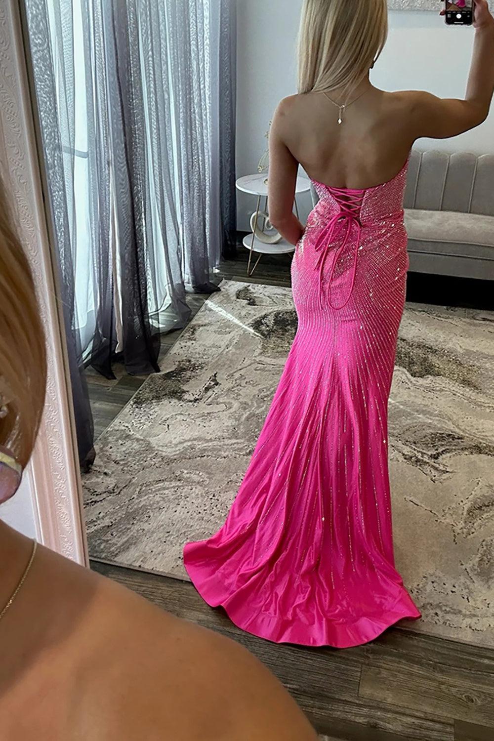 Fuchsia Beaded Satin Prom Dress Sweetheart Mermaid Long Formal Dress With Slit