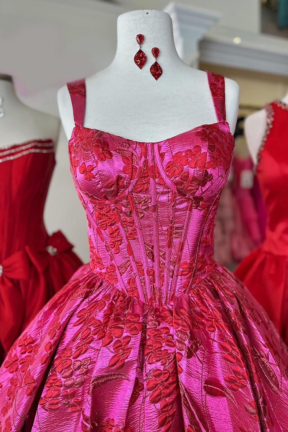 Fuchsia Floral Ruched A-Line Corset Short Homecoming Dress
