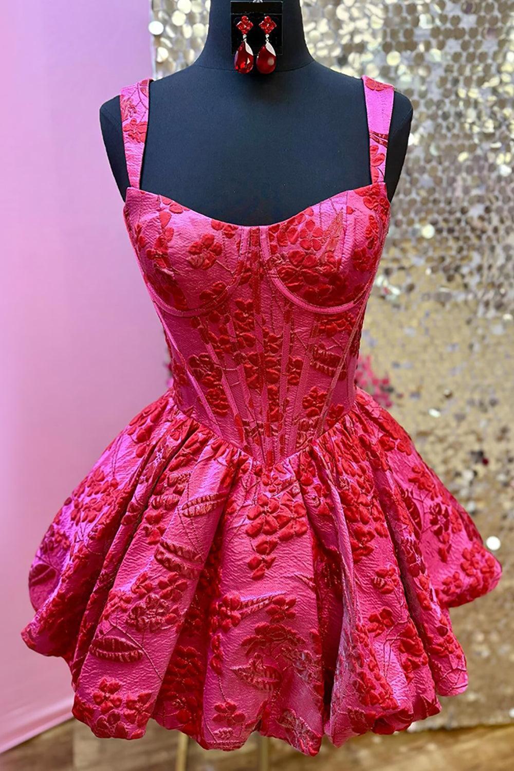 Fuchsia Floral Ruched A-Line Corset Short Homecoming Dress