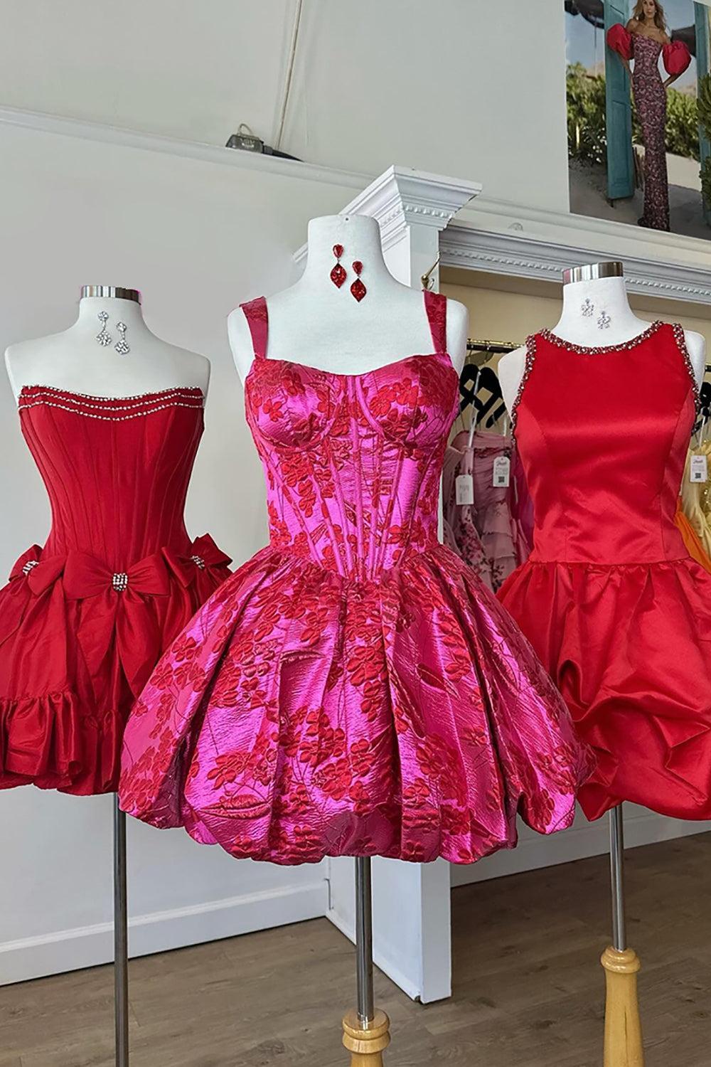 Fuchsia Floral Ruched A-Line Corset Short Homecoming Dress