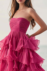 Fuchsia Formal Dress Chiffon Strapless Long Ball Gown Wedding Guest Dress With Ruffles
