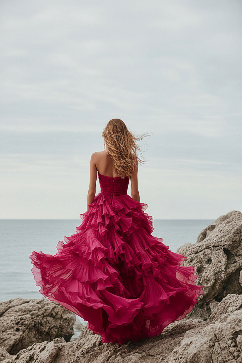 Fuchsia Formal Dress Organza Strapless Long Ball Gown Wedding Guest Dress With Ruffles