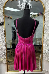 Fuchsia Homecoming Dress A Line Halter Pleated Short Cocktail Dresses