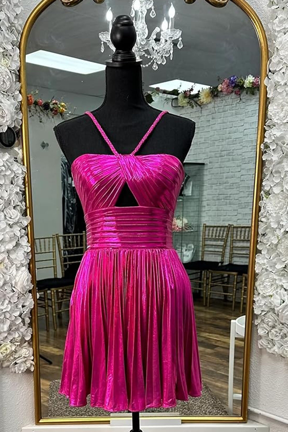 Fuchsia Homecoming Dress A Line Halter Pleated Short Prom Dress