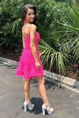 Fuchsia Homecoming Dress A-Line Lace Short Cocktail Dresses with Feathers