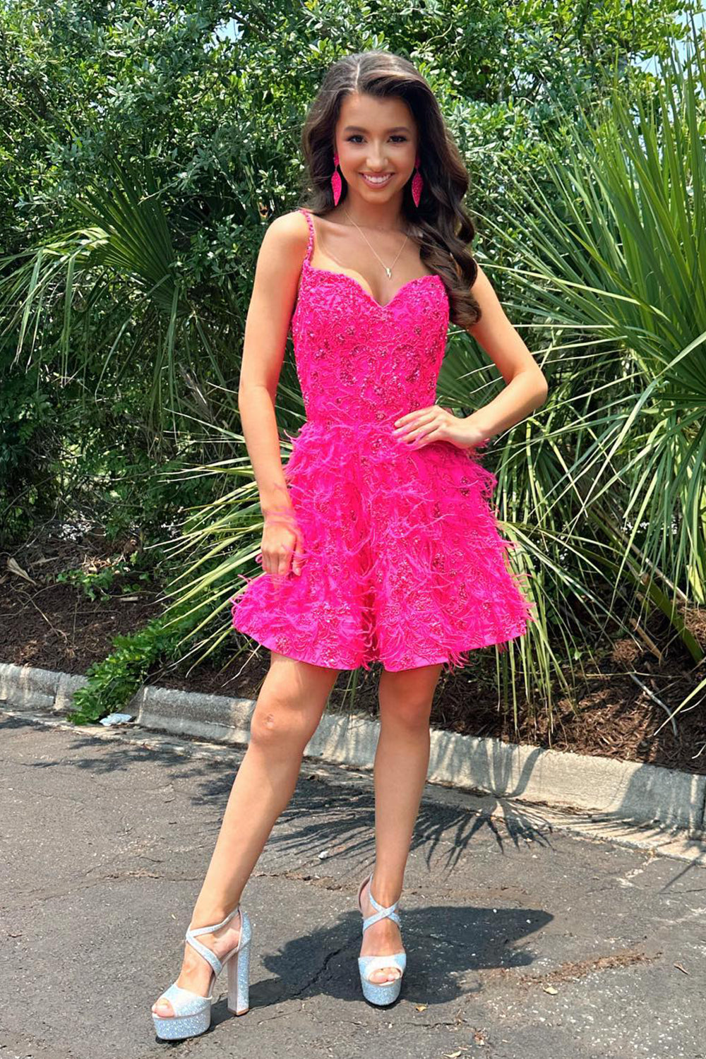 Fuchsia Homecoming Dress A-Line Lace Short Prom Dress with Feathers