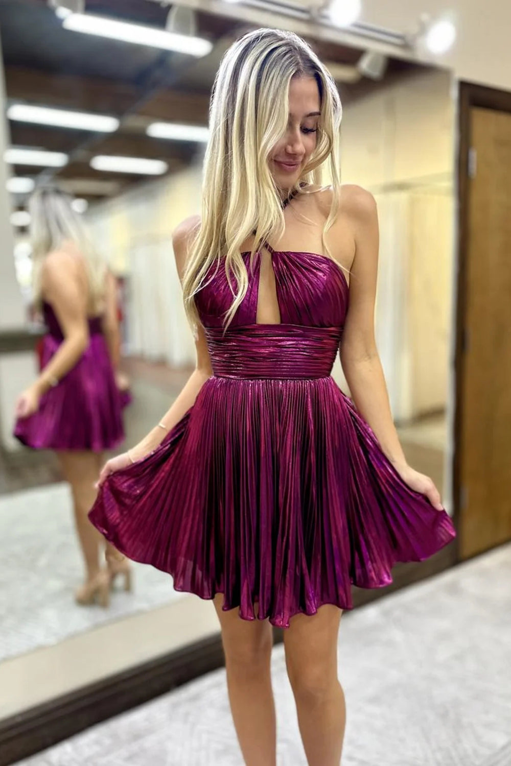 Fuchsia Homecoming Dress A-Line Metallic Short Pleated Prom Dress