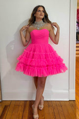 Fuchsia Homecoming Dress A-Line Sweetheart Tulle Tiered Corset Short Prom Dress