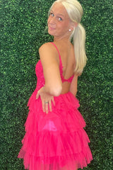 Fuchsia Homecoming Dress A Line Tiered Corset Short Prom Dress With Appliques