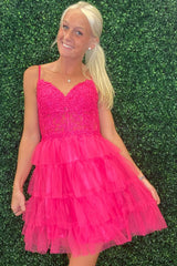 Fuchsia Homecoming Dress A Line Tiered Corset Short Prom Dress With Appliques