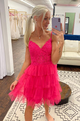 Fuchsia Homecoming Dress A Line Tiered Corset Short Prom Dress With Appliques