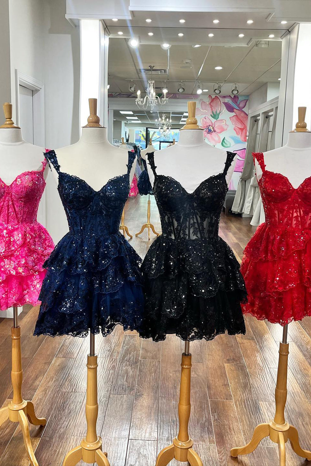 Fuchsia Homecoming Dress A Line Tiered Lace Short Prom Dress