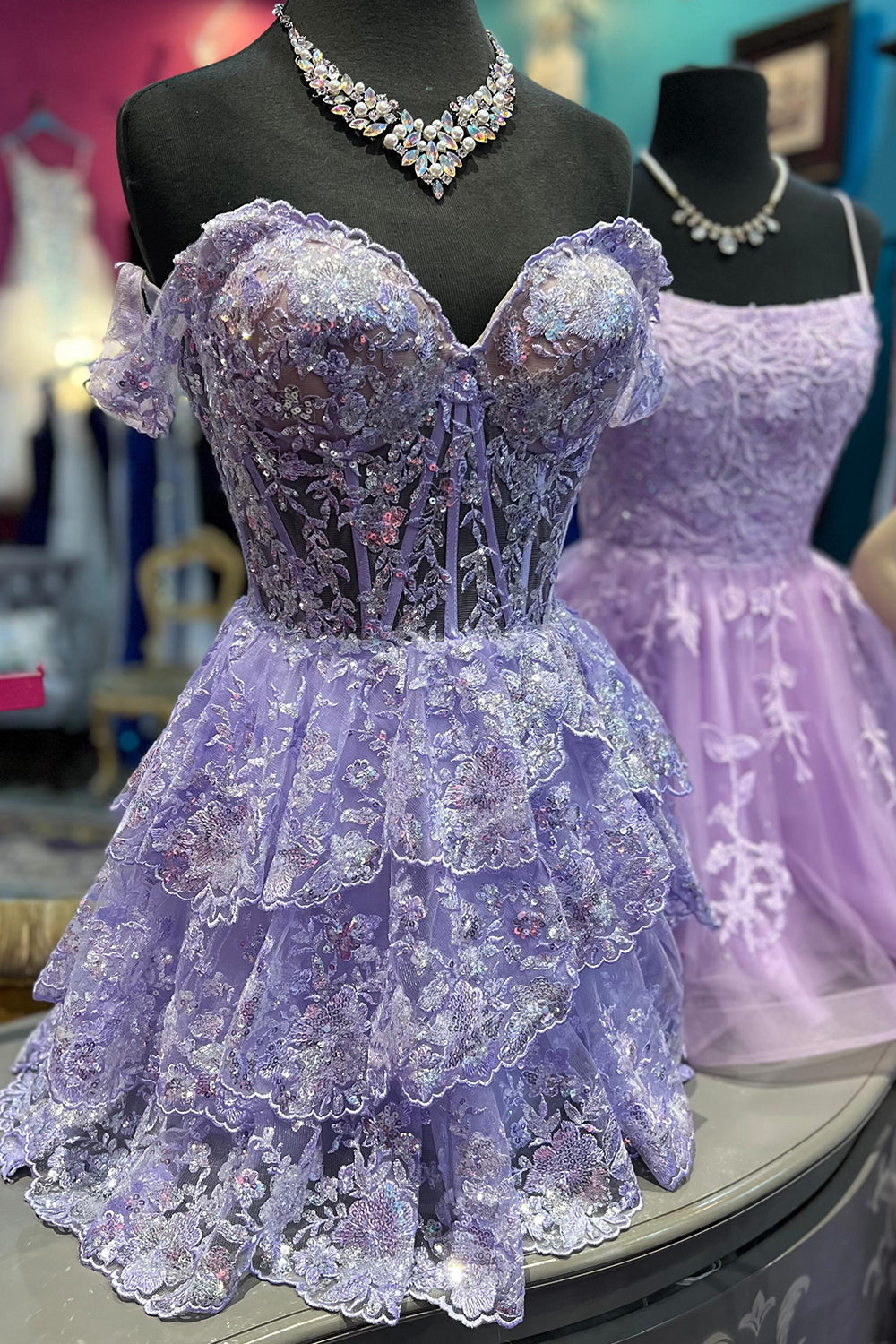 Fuchsia Homecoming Dress A Line Tiered Lace Short Prom Dress