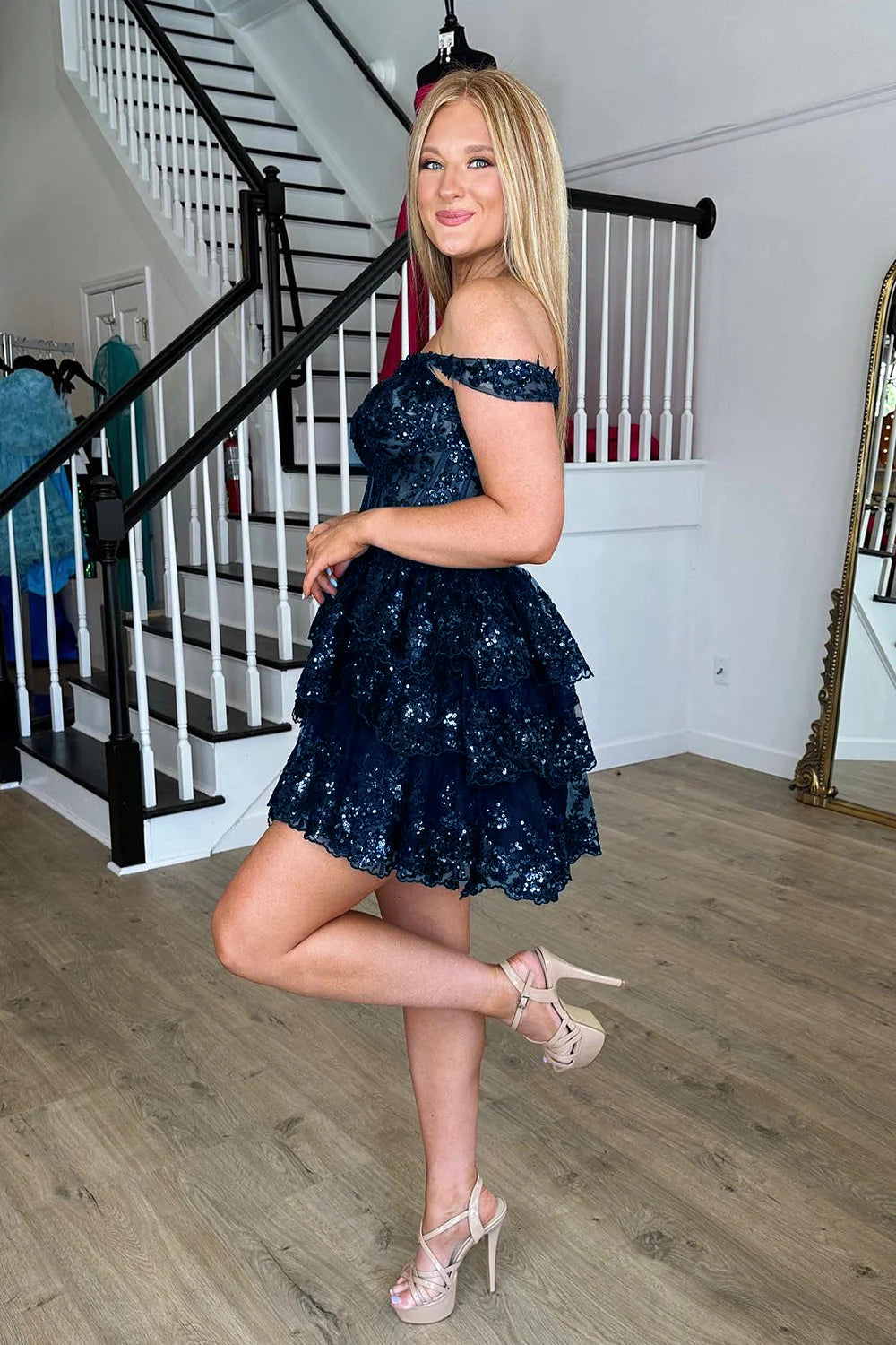 Fuchsia Homecoming Dress A Line Tiered Lace Short Prom Dress