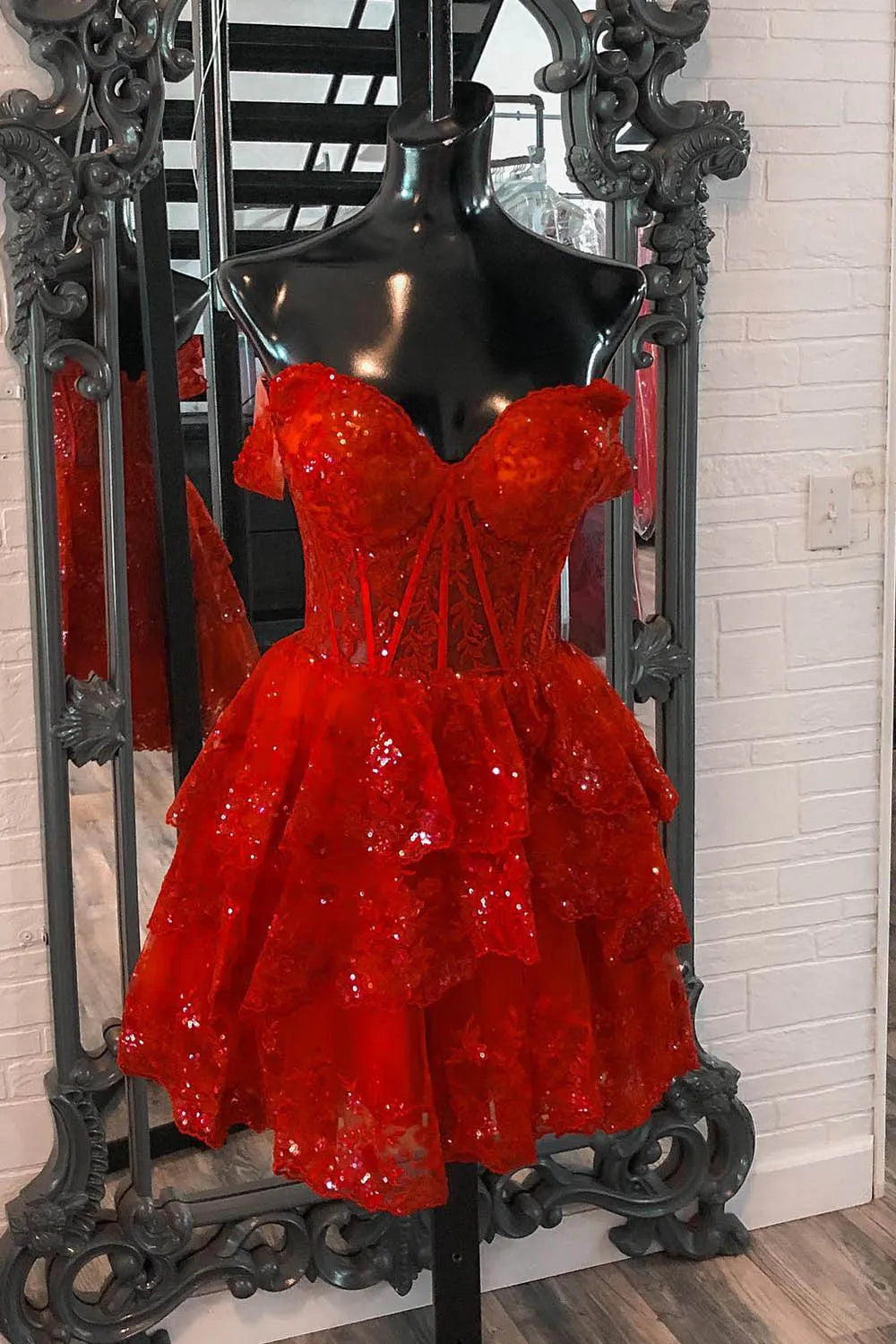 Fuchsia Homecoming Dress A Line Tiered Lace Short Prom Dress