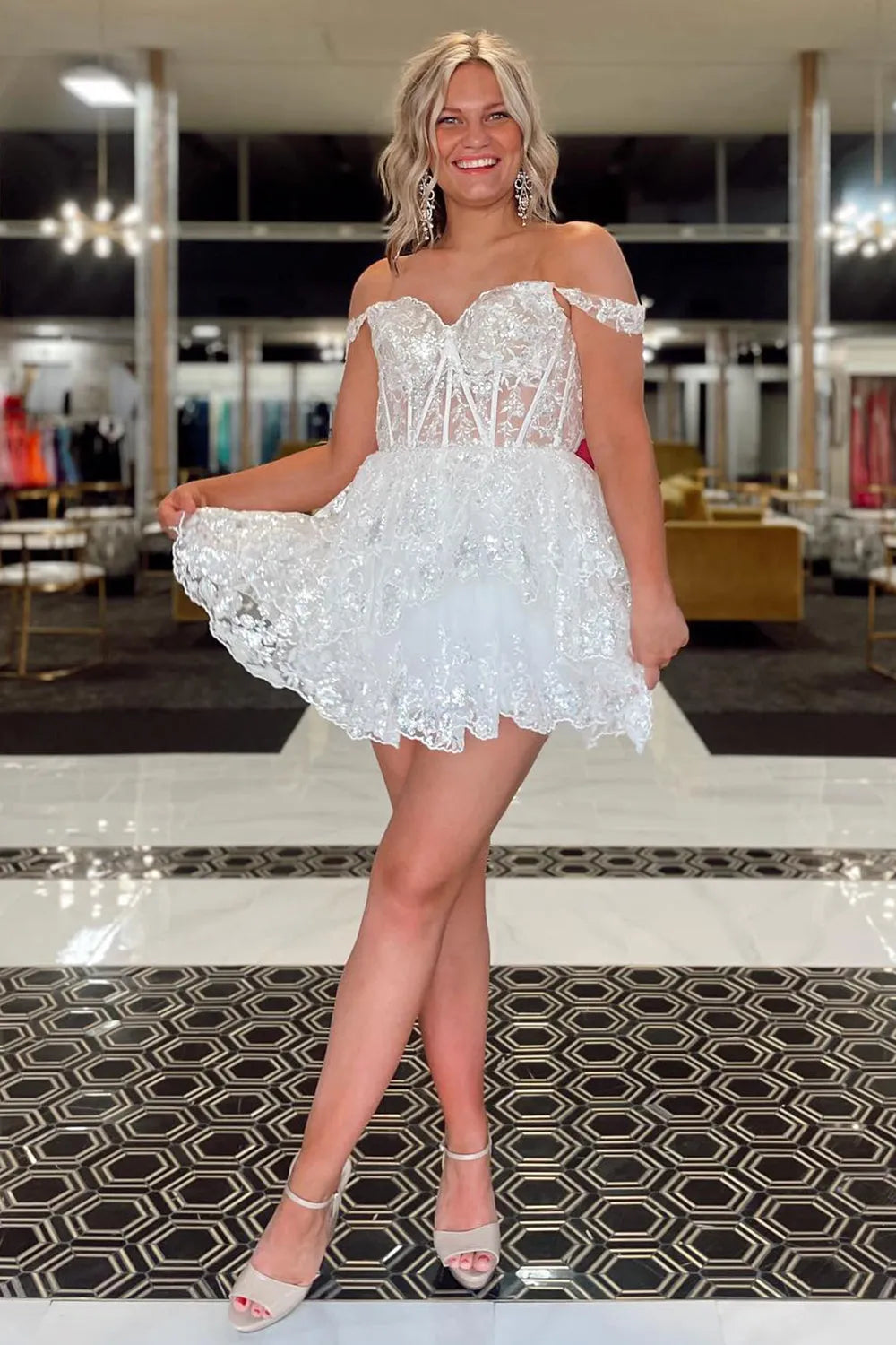 Fuchsia Homecoming Dress A Line Tiered Lace Short Prom Dress