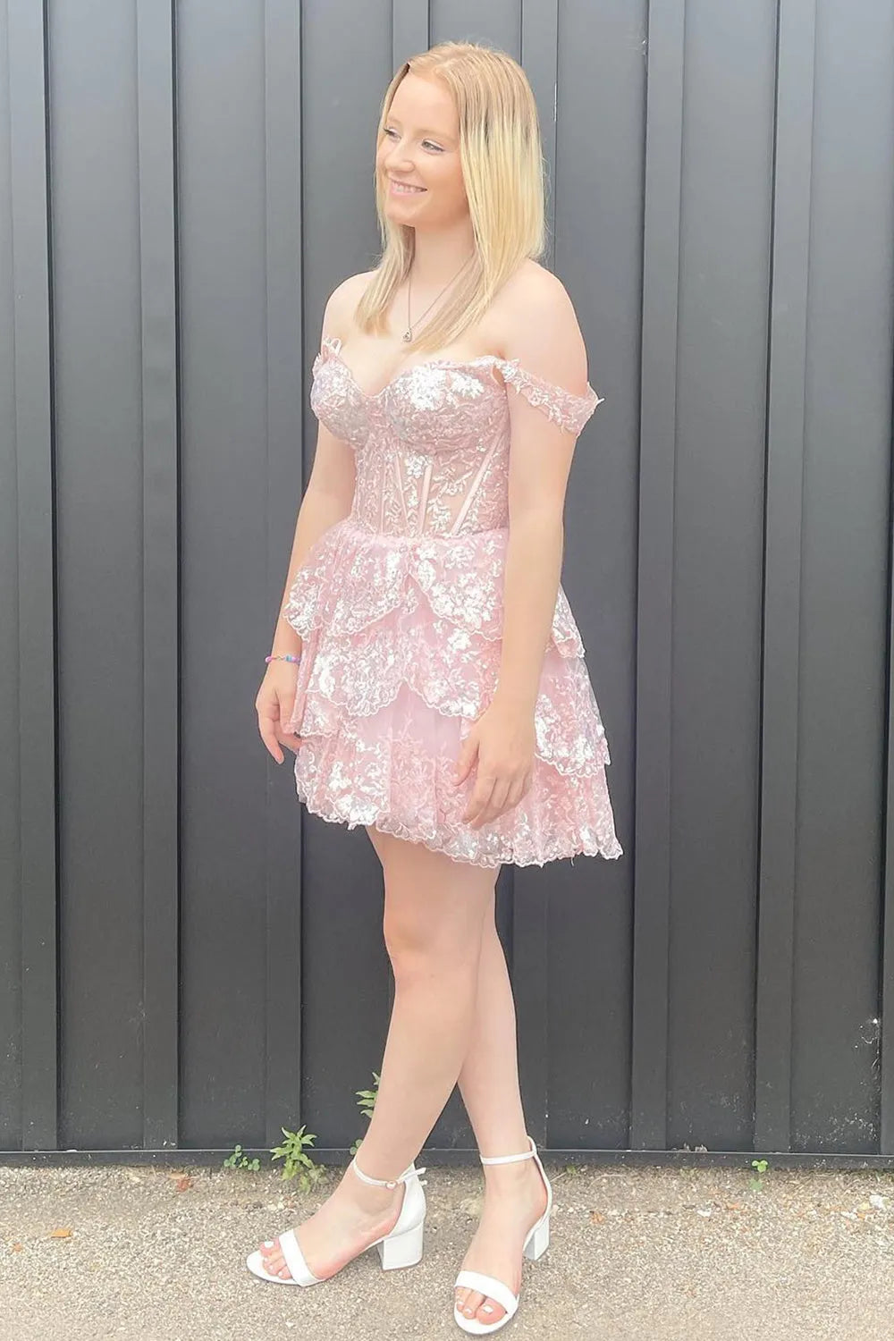 Fuchsia Homecoming Dress A Line Tiered Lace Short Prom Dress