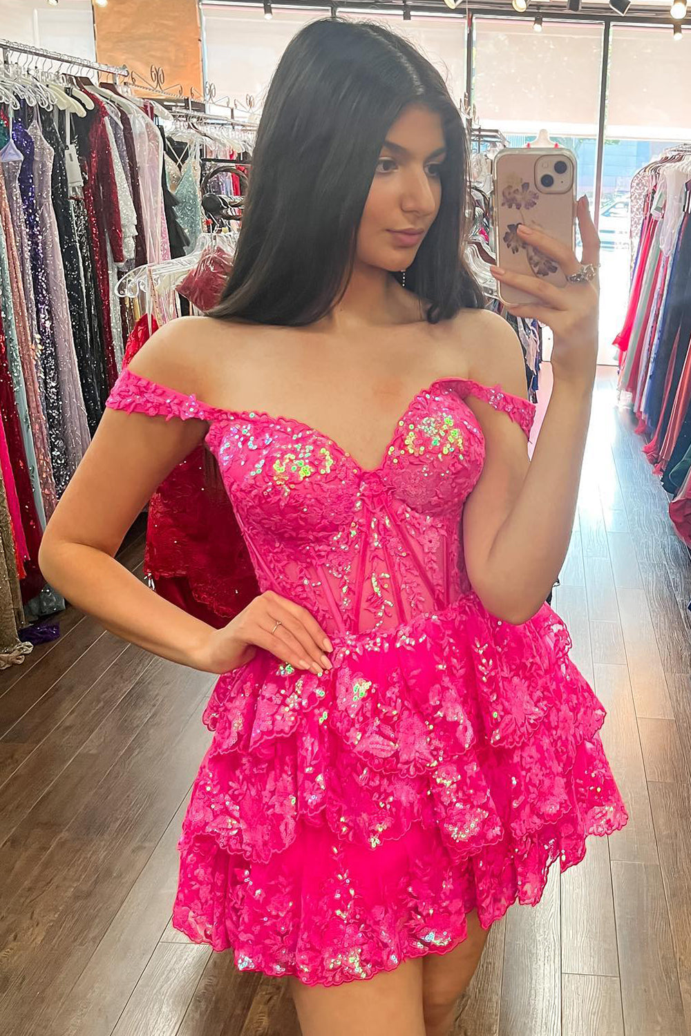 Fuchsia Homecoming Dress A Line Tiered Lace Short Prom Dress