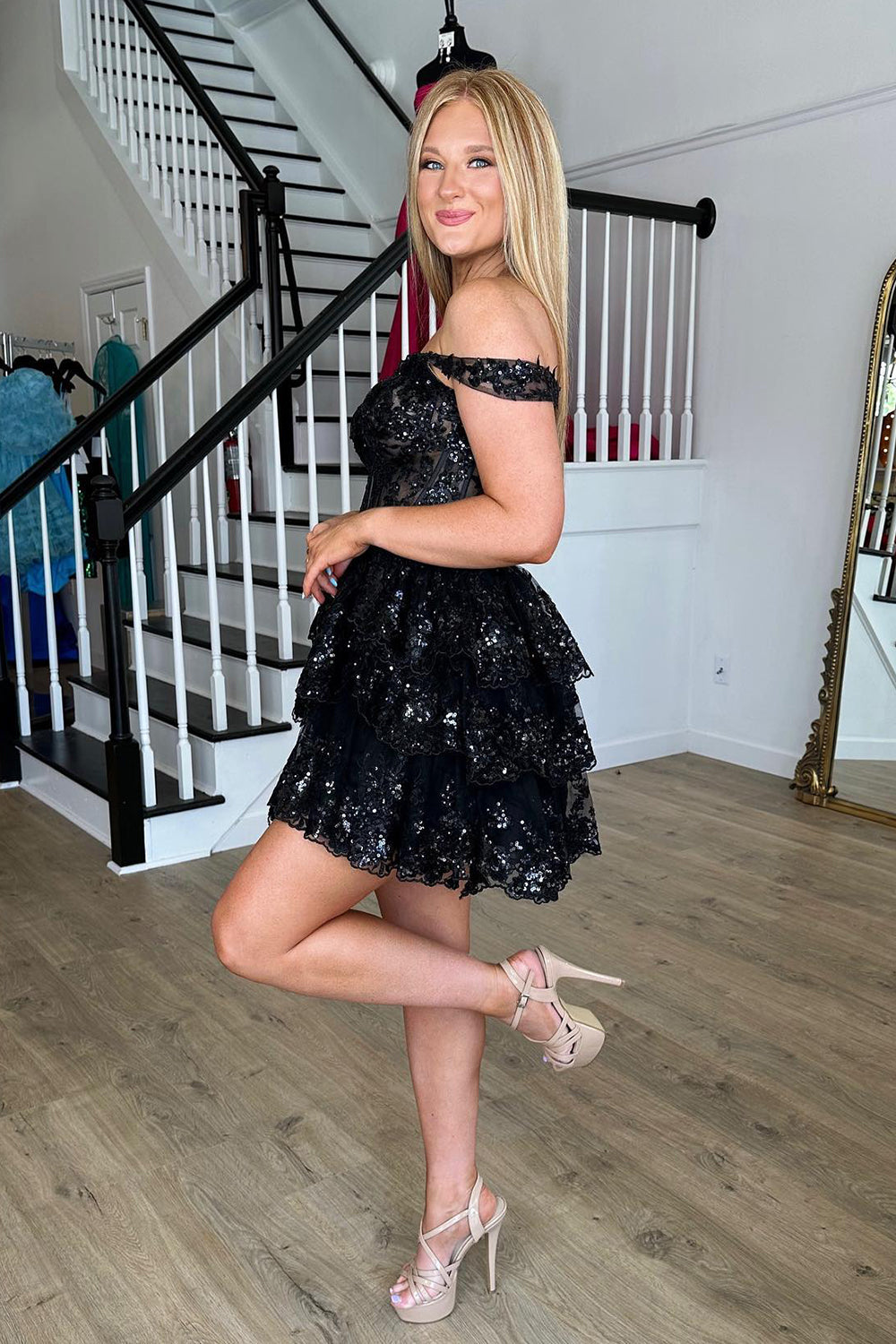 Fuchsia Homecoming Dress A Line Tiered Lace Short Prom Dress