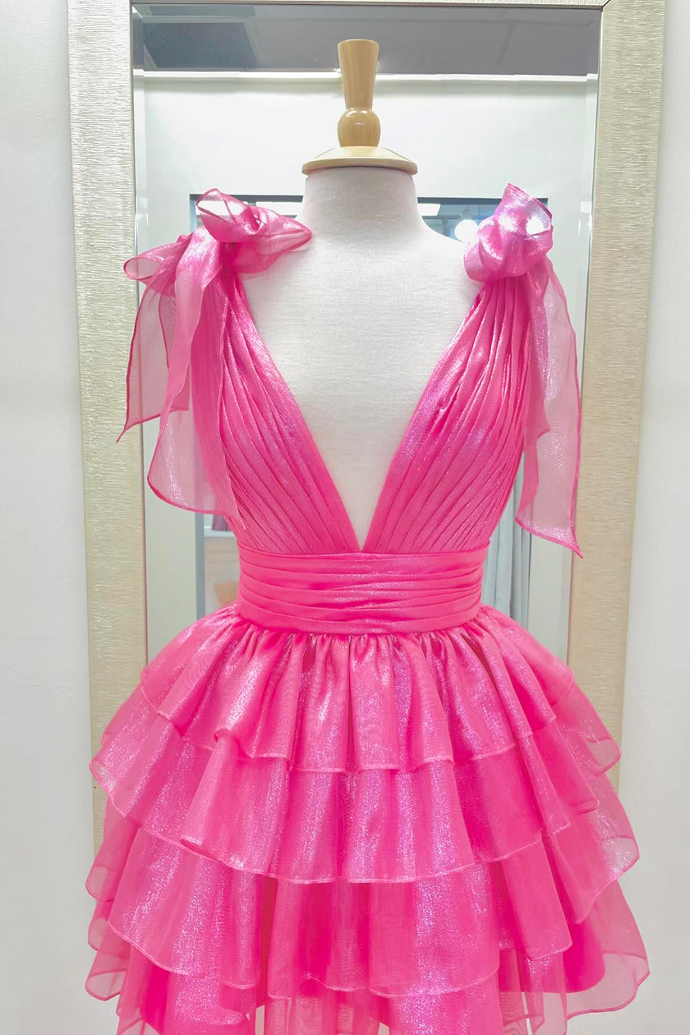 Fuchsia Homecoming Dress A Line V Neck Ruffled Short Cocktail Dresses