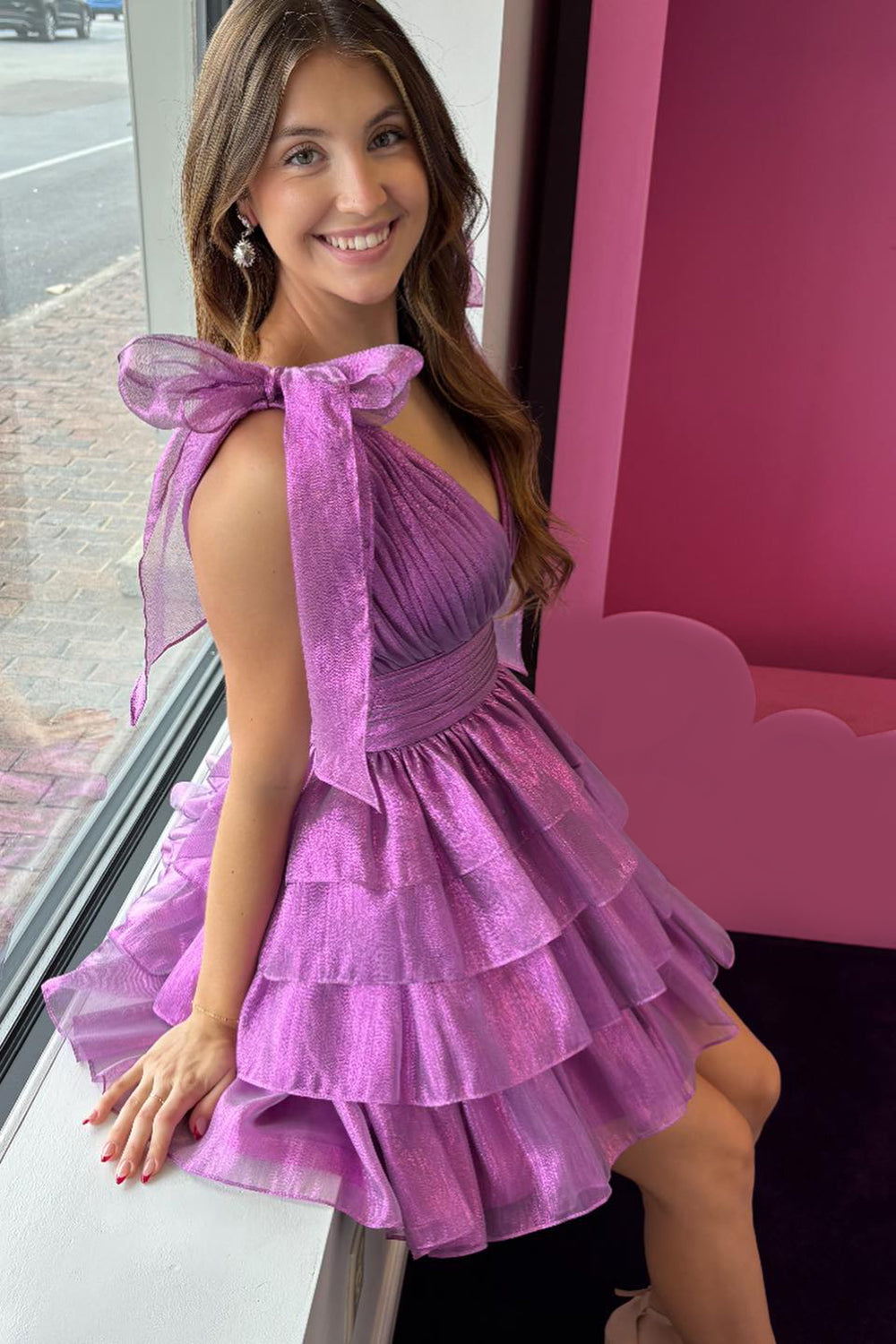 Fuchsia Homecoming Dress A Line V Neck Ruffled Short Cocktail Dresses