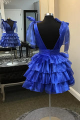 Fuchsia Homecoming Dress A Line V Neck Ruffled Short Cocktail Dresses