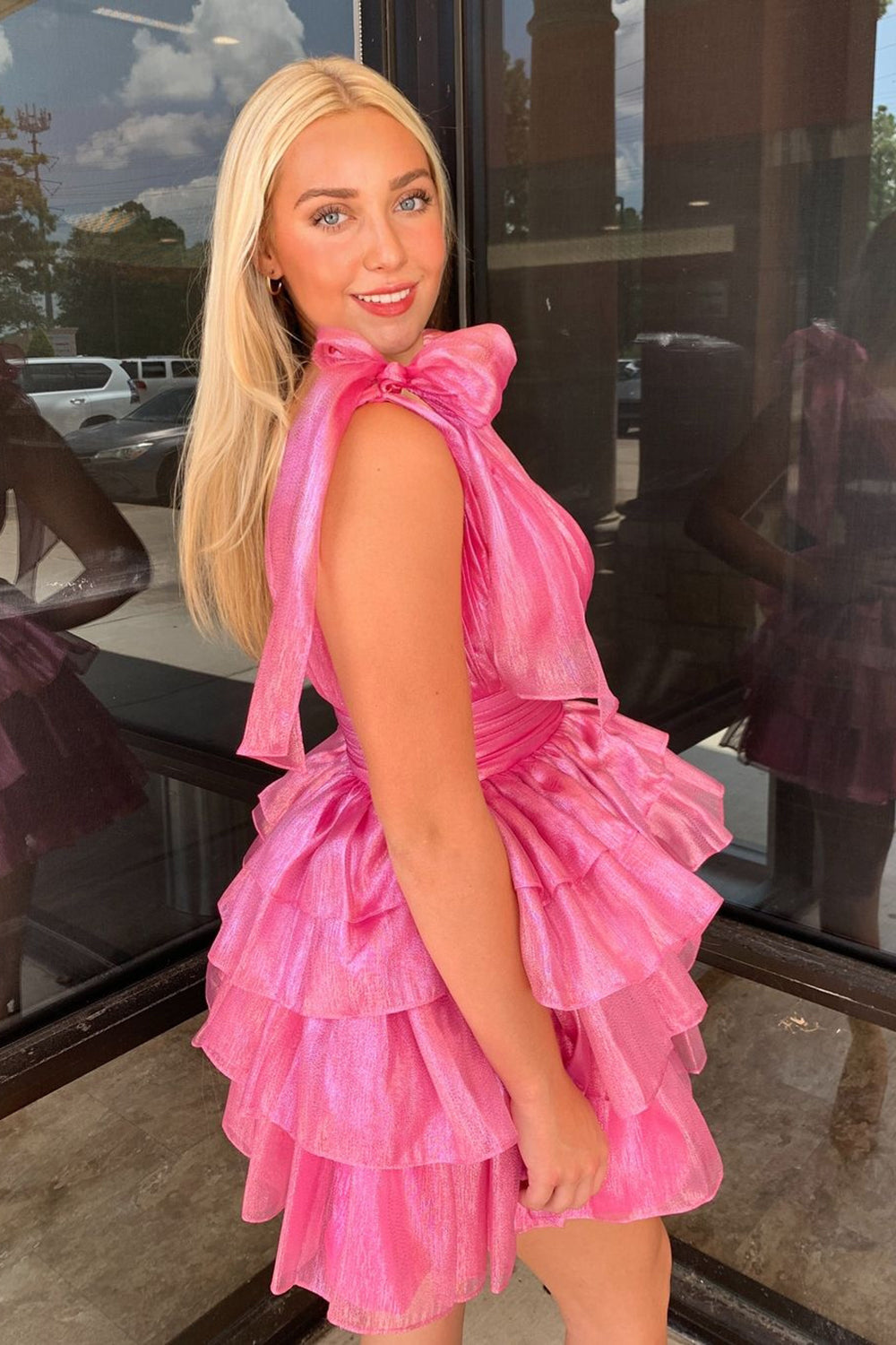 Fuchsia Homecoming Dress A Line V Neck Ruffled Short Cocktail Dresses