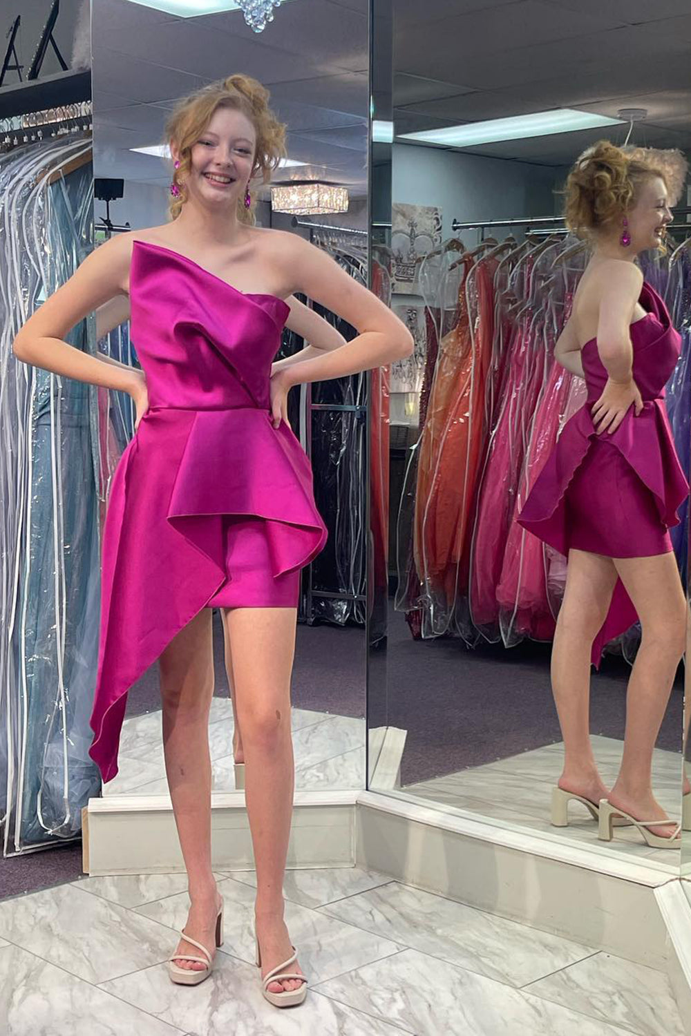Fuchsia Homecoming Dress Asymmetrical Satin Tight Short Prom Dress