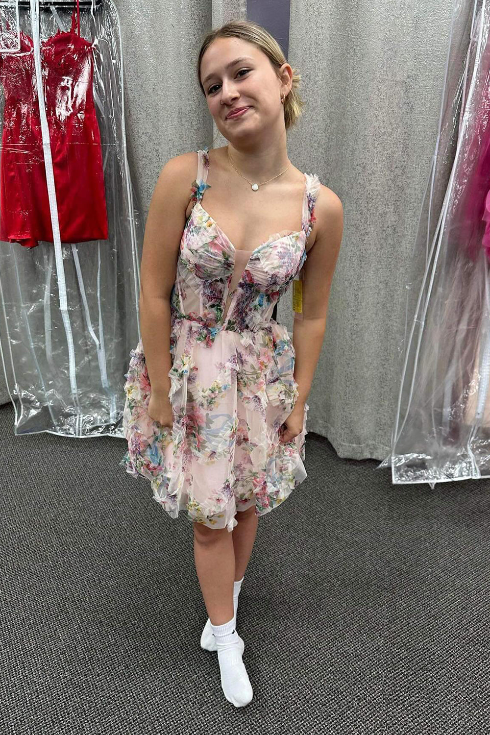 Fuchsia Homecoming Dress Corset A Line Floral Short Prom Dress
