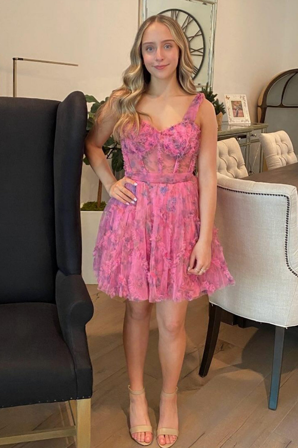 Fuchsia Homecoming Dress Corset A Line Floral Short Prom Dress