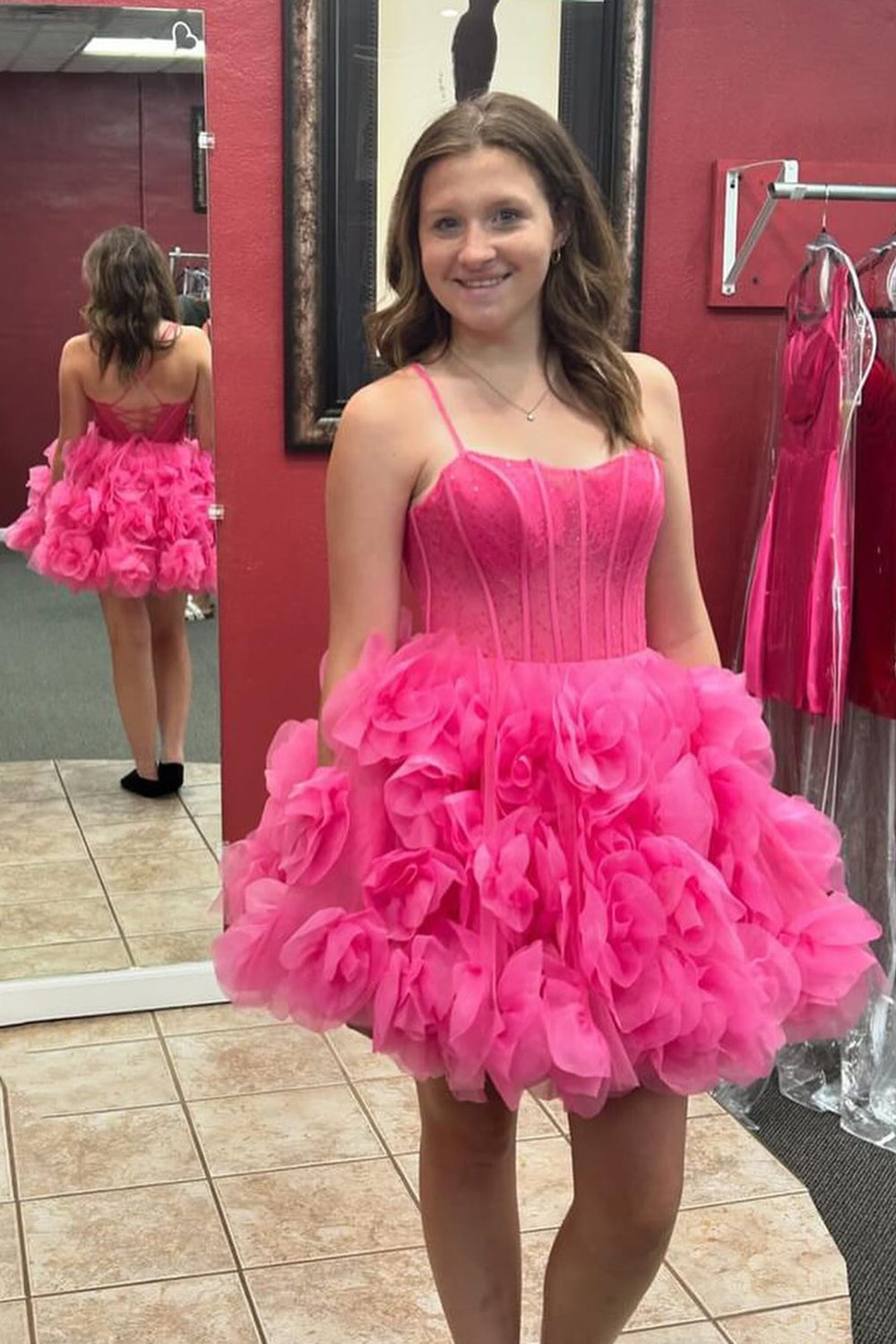 Fuchsia Homecoming Dress Corset Floral A-Line Short Cocktail Dresses with Lace