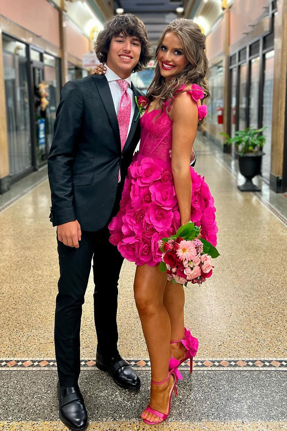 Fuchsia Homecoming Dress Corset Floral Ruffled Short Cocktail Dresses with Lace