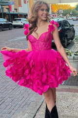 Fuchsia Homecoming Dress Corset Floral Ruffled Short Cocktail Dresses with Lace