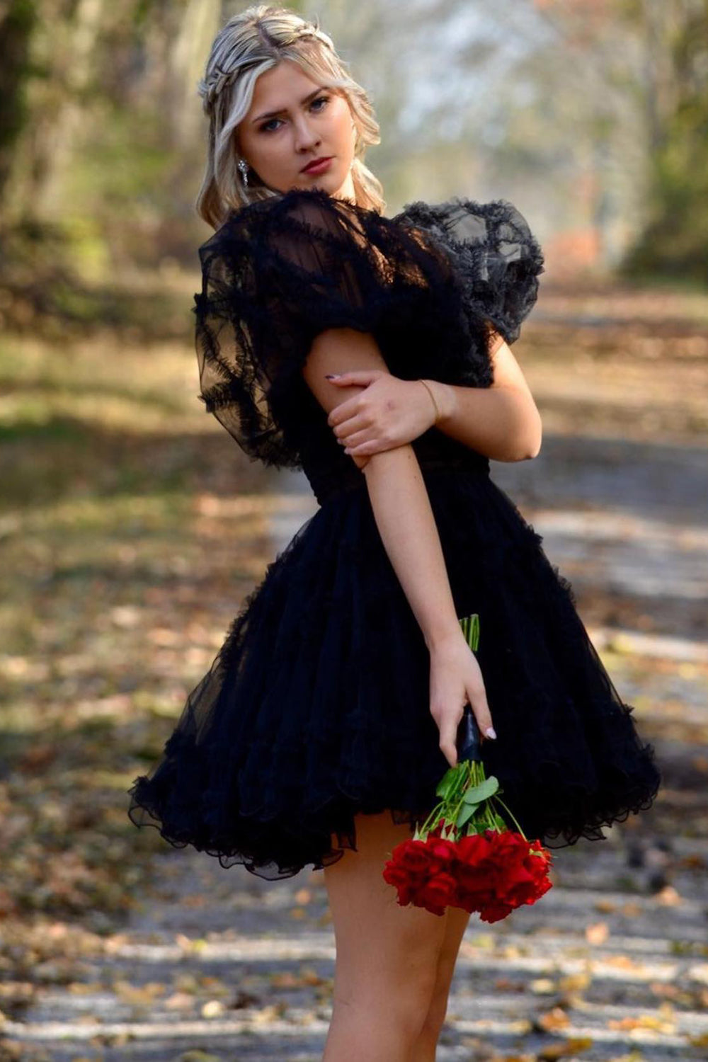 Fuchsia Homecoming Dress Corset Puff Sleeves A-Line Short Tulle Cocktail Party Dresses with Ruffles