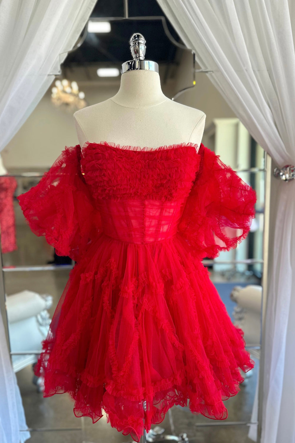 Fuchsia Homecoming Dress Corset Puff Sleeves A-Line Short Tulle Cocktail Party Dresses with Ruffles