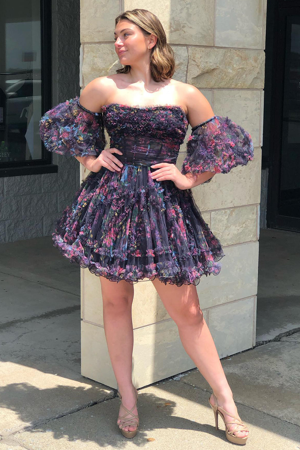 Fuchsia Homecoming Dress Corset Puff Sleeves A-Line Short Tulle Cocktail Party Dresses with Ruffles
