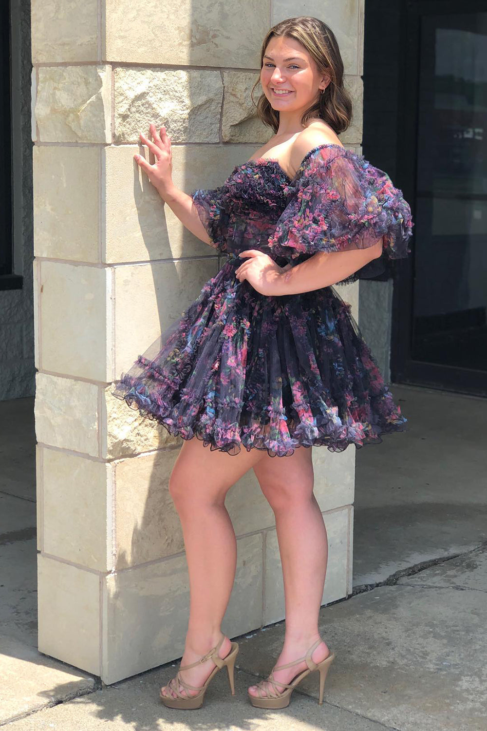 Fuchsia Homecoming Dress Corset Puff Sleeves A-Line Short Tulle Cocktail Party Dresses with Ruffles