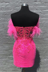 Fuchsia Homecoming Dress Corset Sequin Tight Short Cocktail Dresses with Feathers