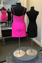 Fuchsia Homecoming Dress Corset Spaghetti Straps Tight Short Cocktail Dresses with Lace