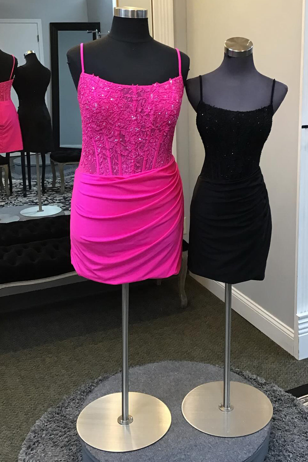 Fuchsia Homecoming Dress Corset Spaghetti Straps Tight Short Cocktail Dresses with Lace