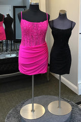 Fuchsia Homecoming Dress Corset Spaghetti Straps Tight Short Prom Dress with Lace