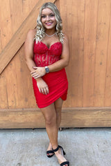 Fuchsia Homecoming Dress Corset Tight Sequin Short Prom Dress with Lace