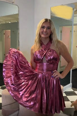 Fuchsia Homecoming Dress Criss Cross Halter A Line Satin Short Prom Dress