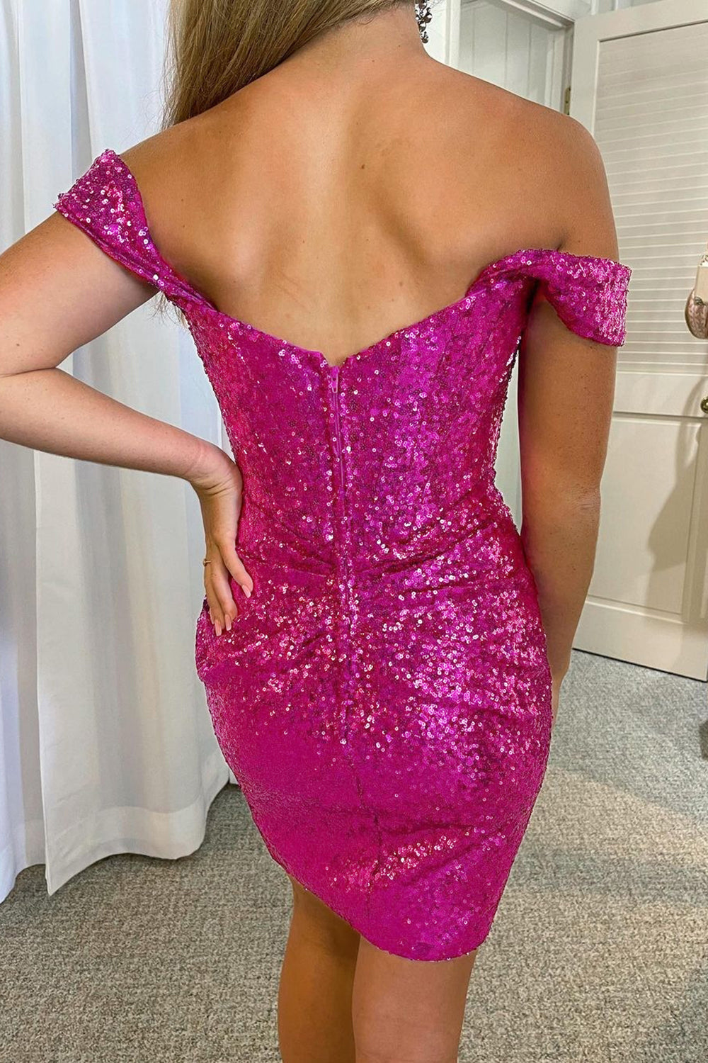 Fuchsia Homecoming Dress Detachable Off the Shoulder Sequin Tight Cocktail Party Dresses