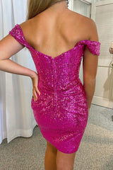 Fuchsia Homecoming Dress Detachable Off the Shoulder Sequin Tight Cocktail Party Dresses