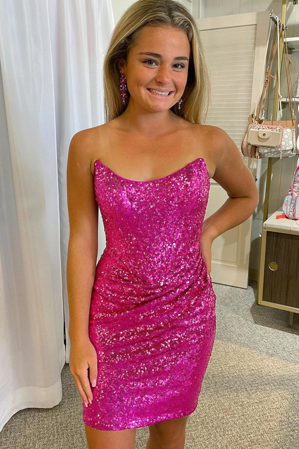 Fuchsia Homecoming Dress Detachable Off the Shoulder Sequin Tight Cocktail Party Dresses